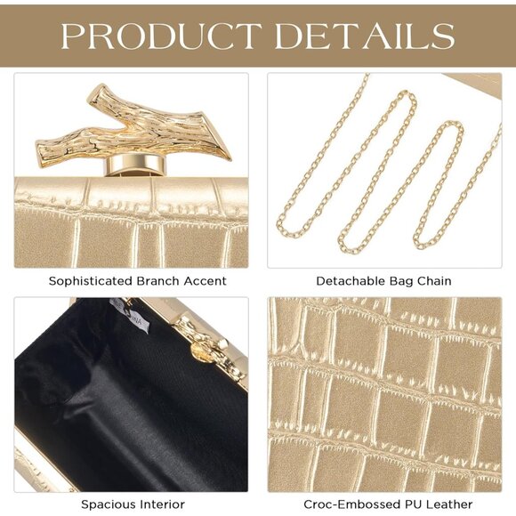 Women's Cream Crocodile Leather Formal Evening Shoulder Clutch Chain Strap Bag - Picture 4 of 6